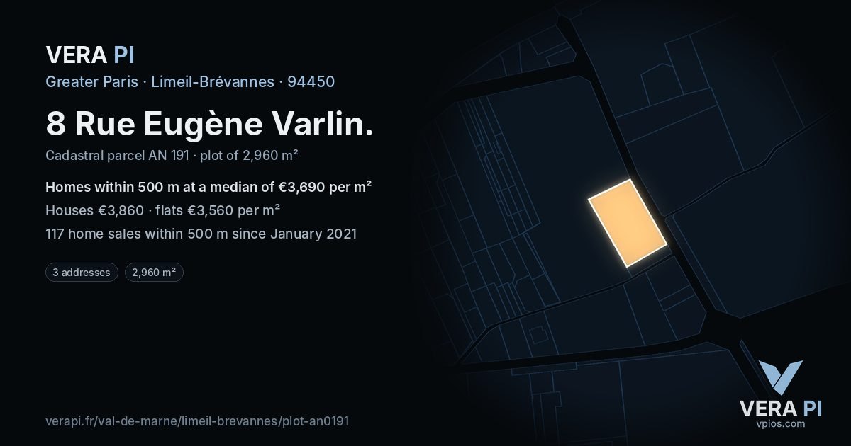 8 Rue Eugène Varlin, Limeil-Brévannes at night – the plot lit, the parcels around coloured by the prices near them