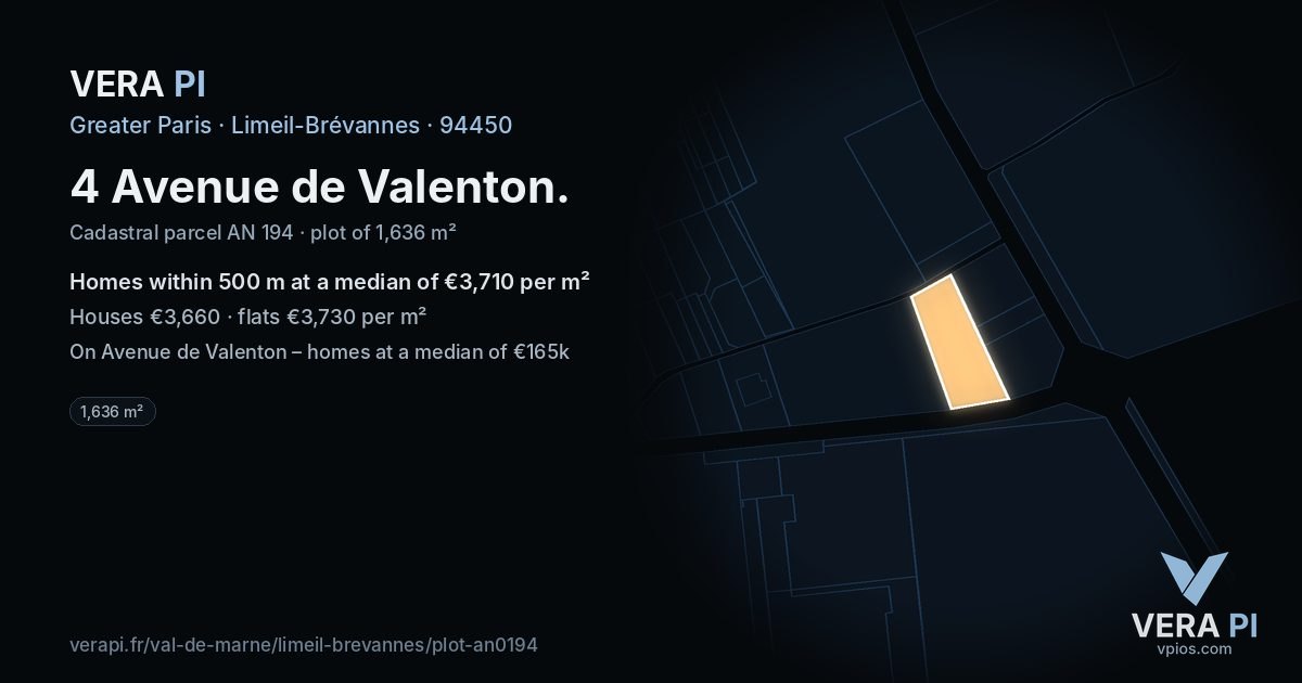 4 Avenue de Valenton, Limeil-Brévannes at night – the plot lit, the parcels around coloured by the prices near them