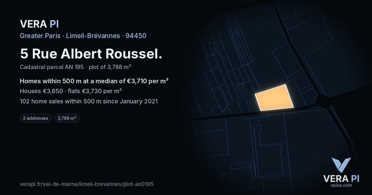 5 Rue Albert Roussel, Limeil-Brévannes at night – the plot lit, the parcels around coloured by the prices near them