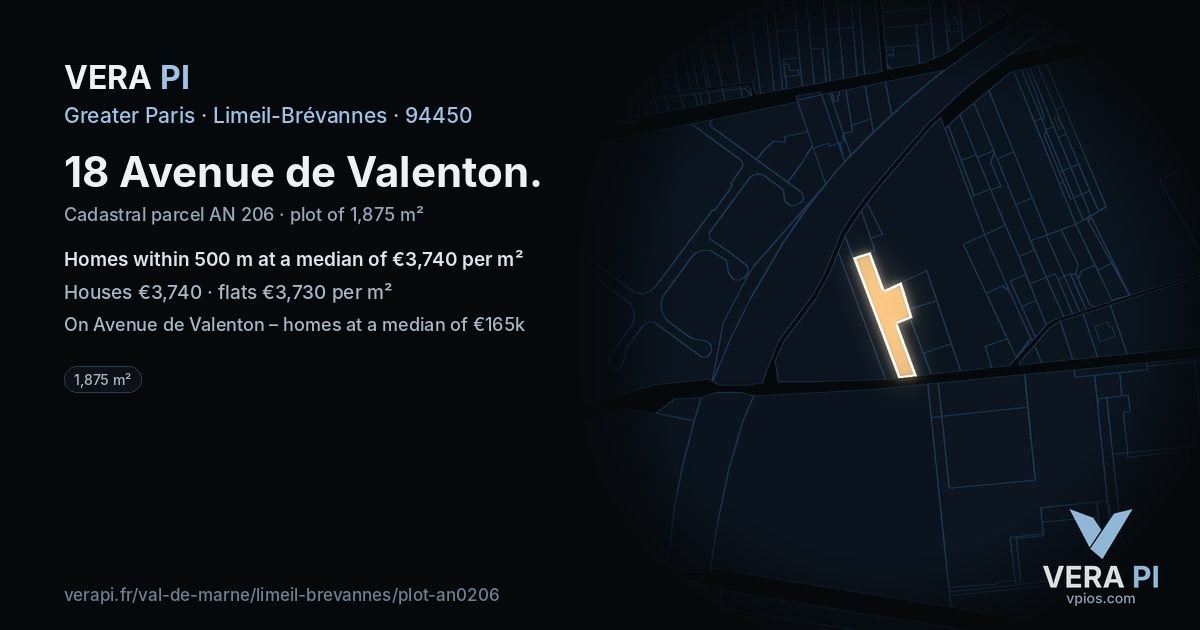 18 Avenue de Valenton, Limeil-Brévannes at night – the plot lit, the parcels around coloured by the prices near them