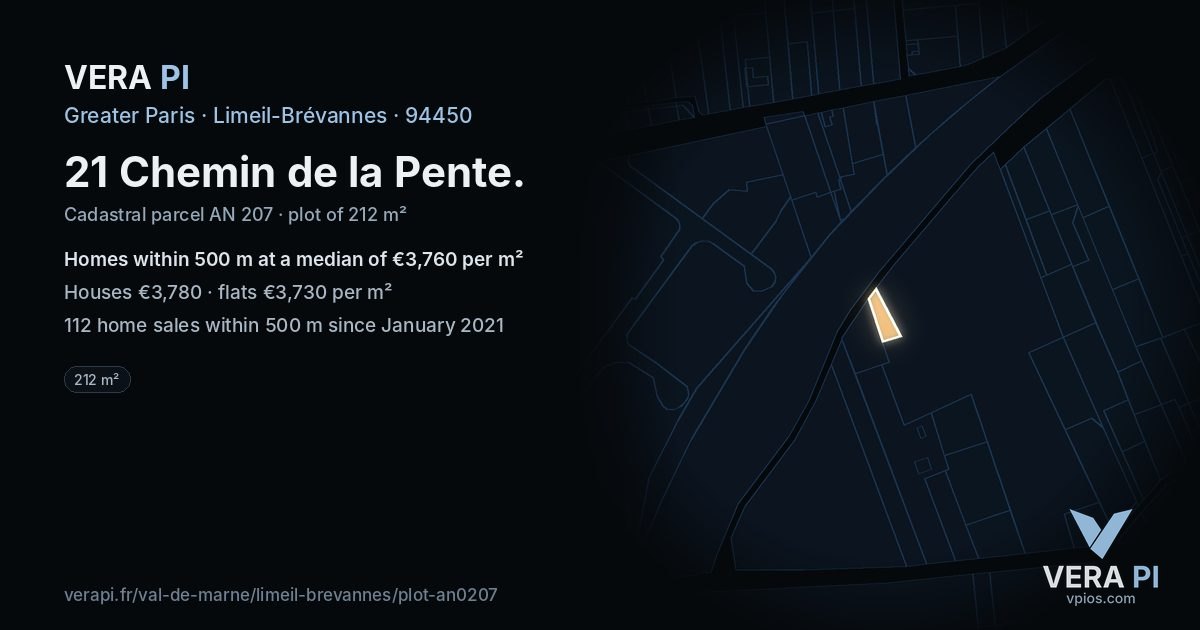 21 Chemin de la Pente, Limeil-Brévannes at night – the plot lit, the parcels around coloured by the prices near them