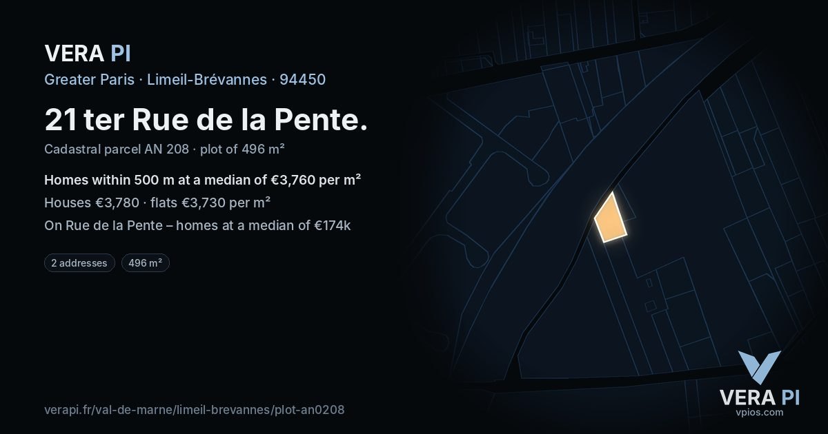 21 ter Rue de la Pente, Limeil-Brévannes at night – the plot lit, the parcels around coloured by the prices near them