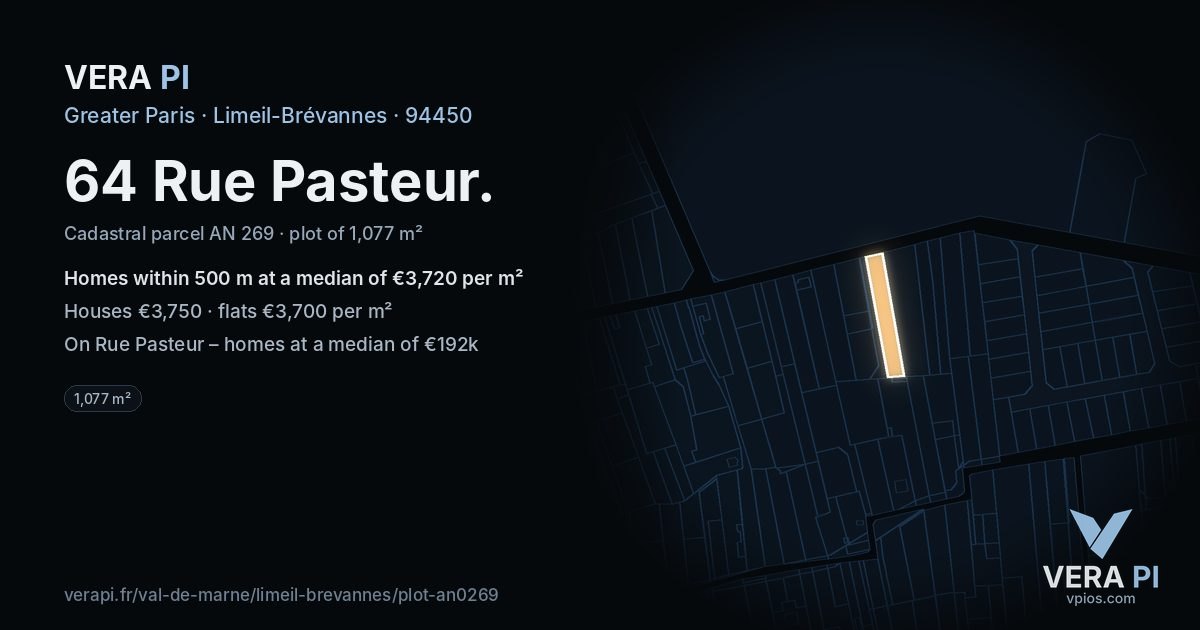 64 Rue Pasteur, Limeil-Brévannes at night – the plot lit, the parcels around coloured by the prices near them