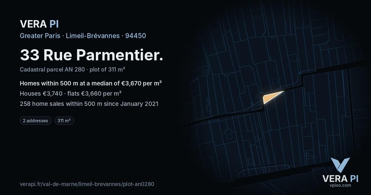 33 Rue Parmentier, Limeil-Brévannes at night – the plot lit, the parcels around coloured by the prices near them