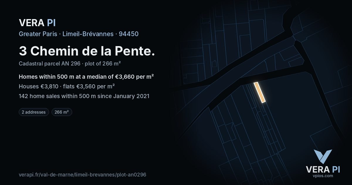 3 Chemin de la Pente, Limeil-Brévannes at night – the plot lit, the parcels around coloured by the prices near them
