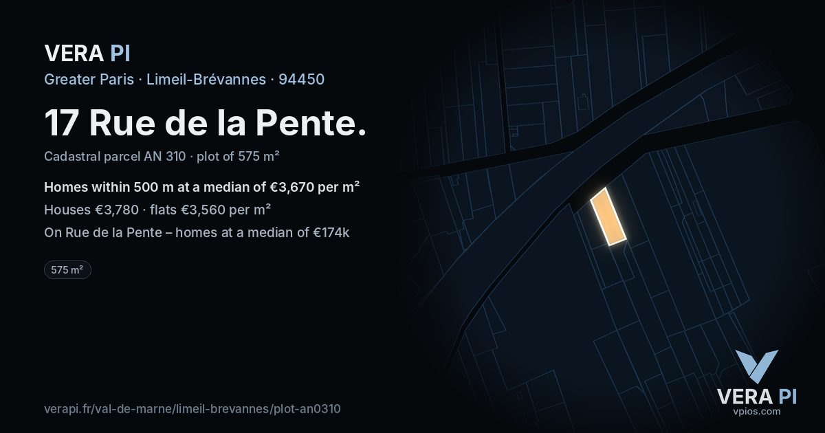 17 Rue de la Pente, Limeil-Brévannes at night – the plot lit, the parcels around coloured by the prices near them