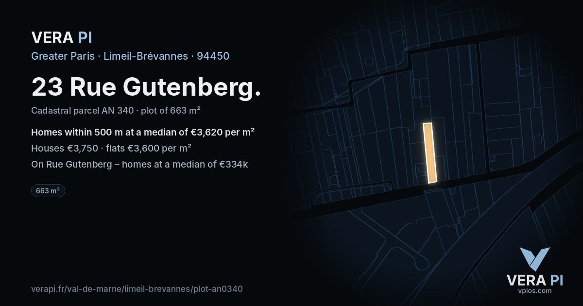 23 Rue Gutenberg, Limeil-Brévannes at night – the plot lit, the parcels around coloured by the prices near them