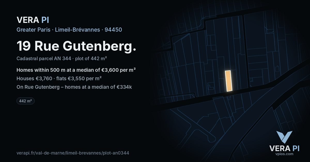 19 Rue Gutenberg, Limeil-Brévannes at night – the plot lit, the parcels around coloured by the prices near them