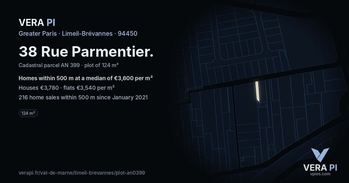 38 Rue Parmentier, Limeil-Brévannes at night – the plot lit, the parcels around coloured by the prices near them