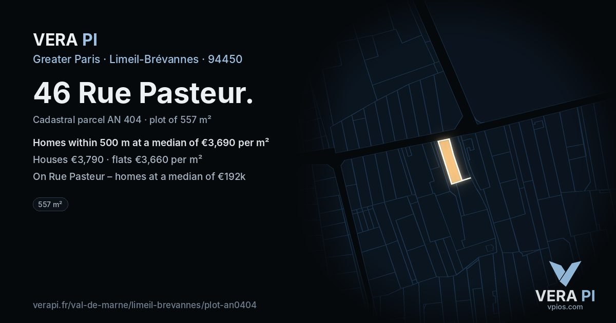 46 Rue Pasteur, Limeil-Brévannes at night – the plot lit, the parcels around coloured by the prices near them