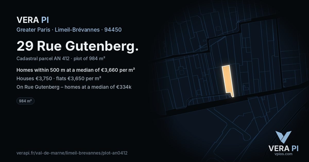 29 Rue Gutenberg, Limeil-Brévannes at night – the plot lit, the parcels around coloured by the prices near them