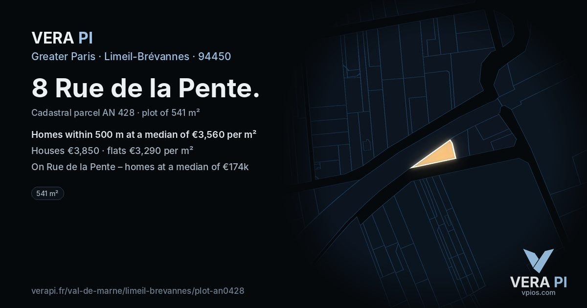 8 Rue de la Pente, Limeil-Brévannes at night – the plot lit, the parcels around coloured by the prices near them