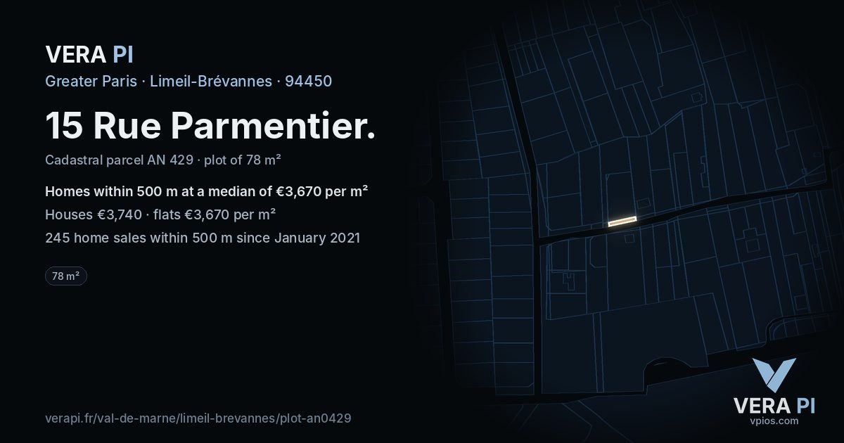 15 Rue Parmentier, Limeil-Brévannes at night – the plot lit, the parcels around coloured by the prices near them