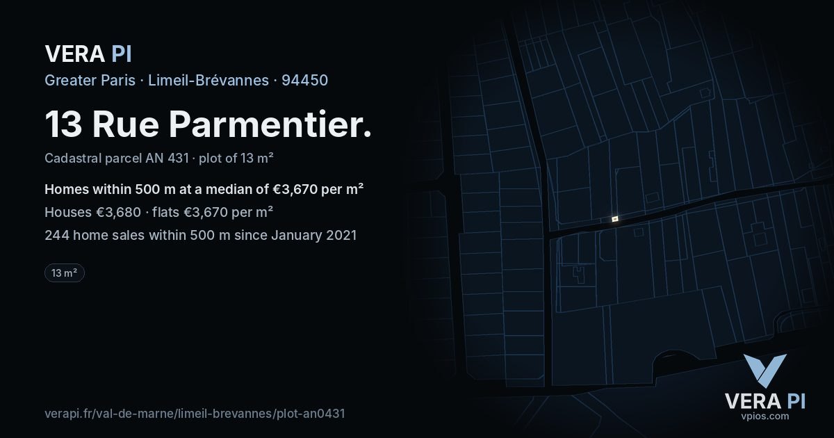 13 Rue Parmentier, Limeil-Brévannes at night – the plot lit, the parcels around coloured by the prices near them