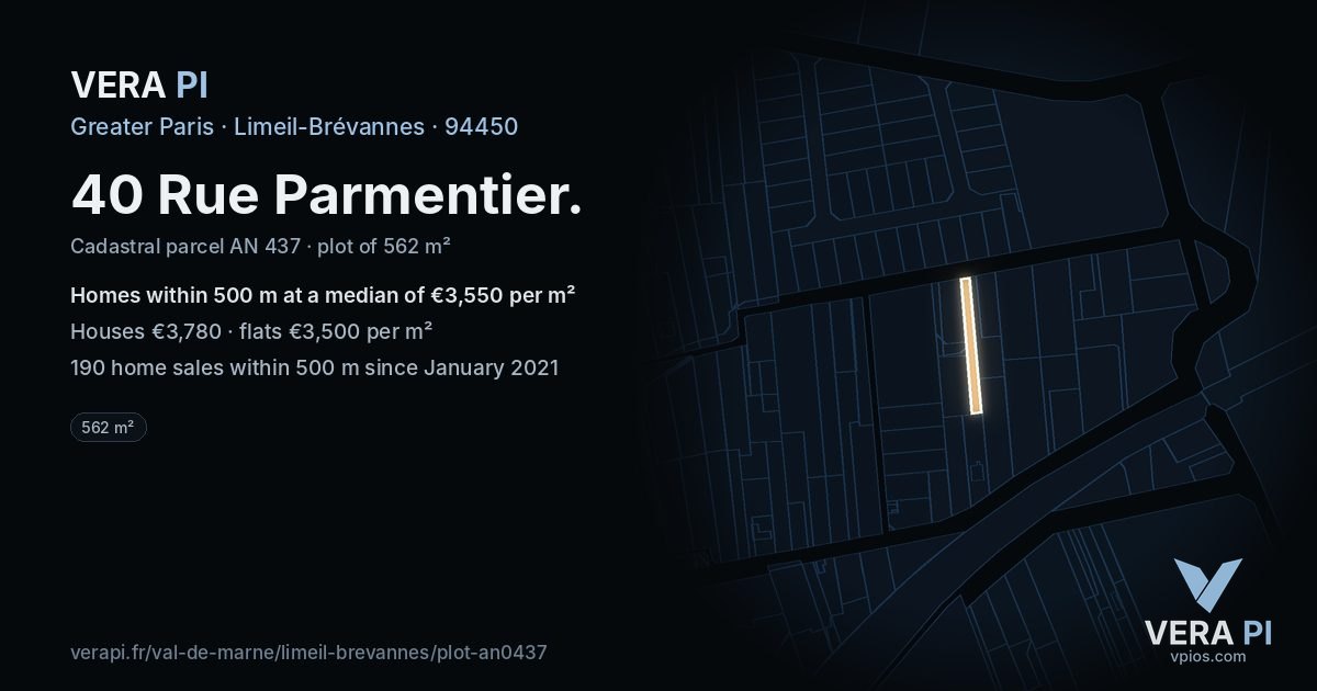 40 Rue Parmentier, Limeil-Brévannes at night – the plot lit, the parcels around coloured by the prices near them