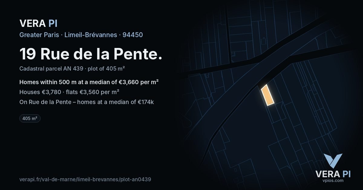 19 Rue de la Pente, Limeil-Brévannes at night – the plot lit, the parcels around coloured by the prices near them