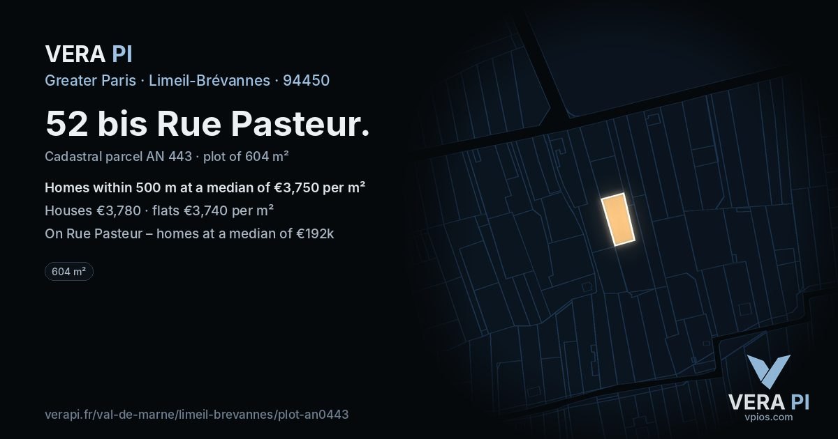 52 bis Rue Pasteur, Limeil-Brévannes at night – the plot lit, the parcels around coloured by the prices near them