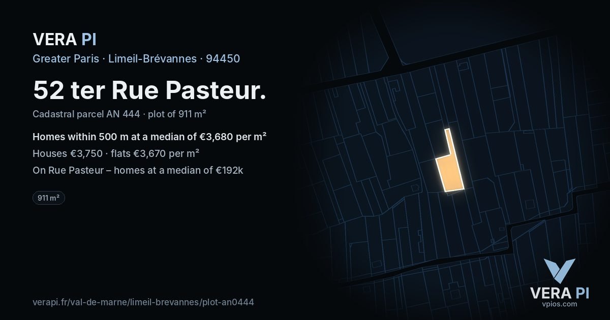 52 ter Rue Pasteur, Limeil-Brévannes at night – the plot lit, the parcels around coloured by the prices near them