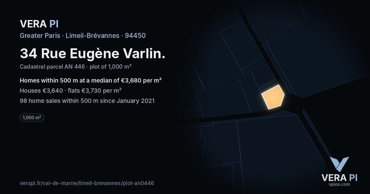 34 Rue Eugène Varlin, Limeil-Brévannes at night – the plot lit, the parcels around coloured by the prices near them