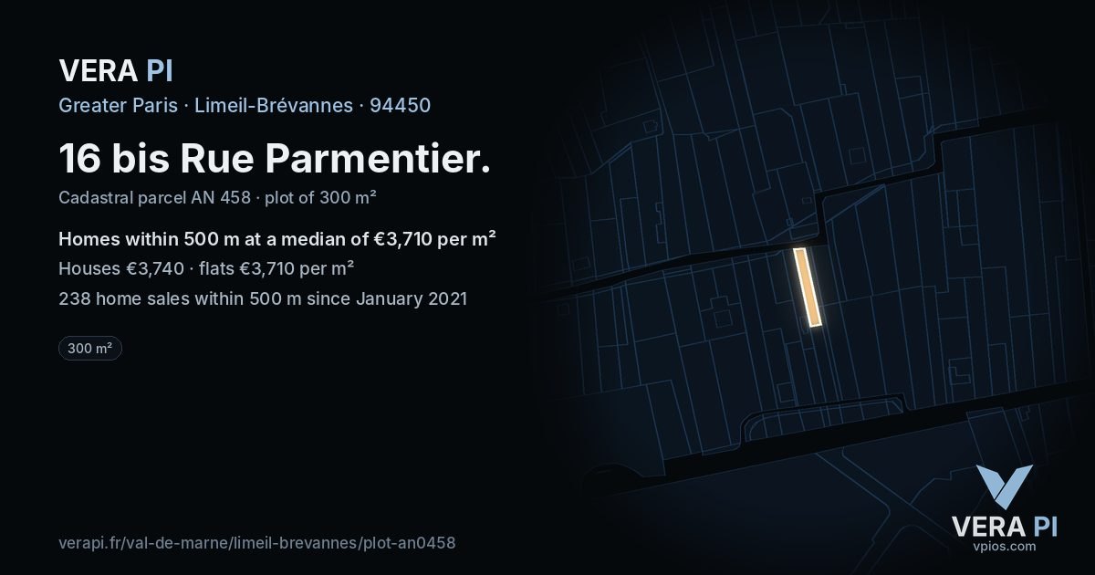 16 bis Rue Parmentier, Limeil-Brévannes at night – the plot lit, the parcels around coloured by the prices near them