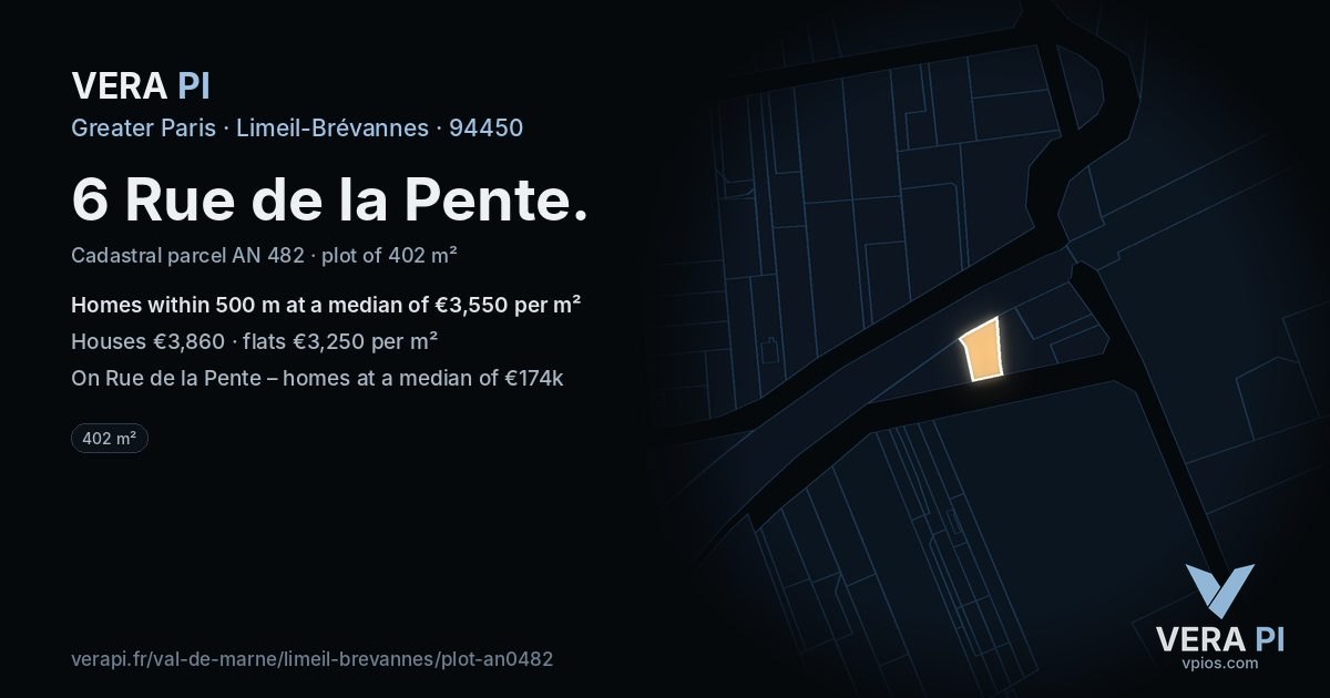 6 Rue de la Pente, Limeil-Brévannes at night – the plot lit, the parcels around coloured by the prices near them