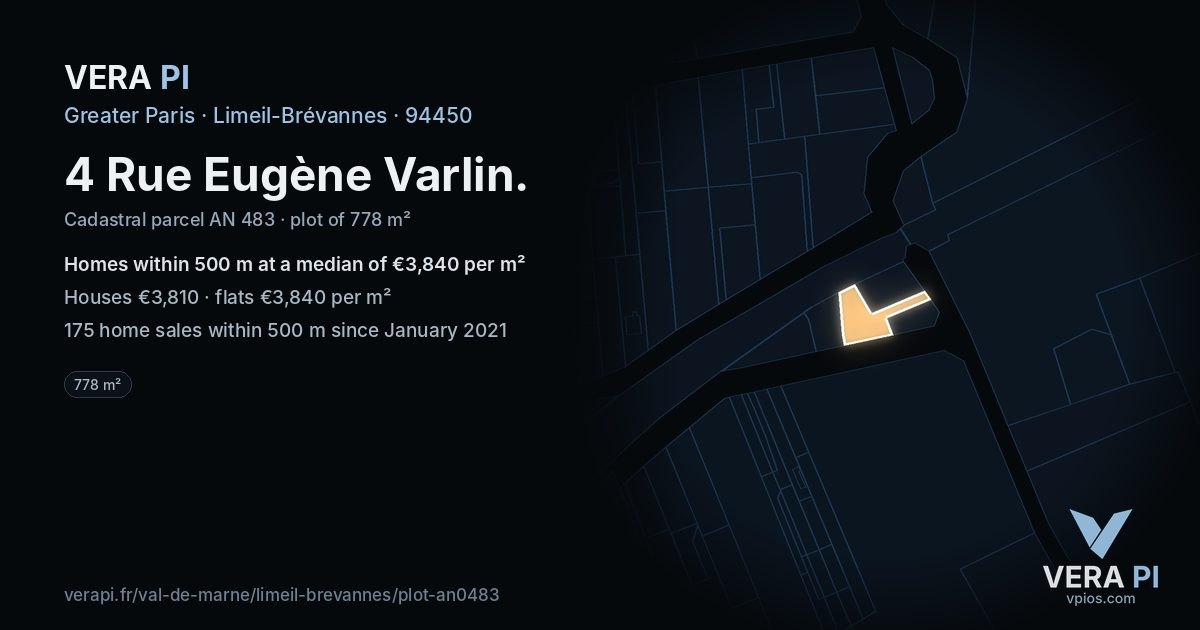 4 Rue Eugène Varlin, Limeil-Brévannes at night – the plot lit, the parcels around coloured by the prices near them