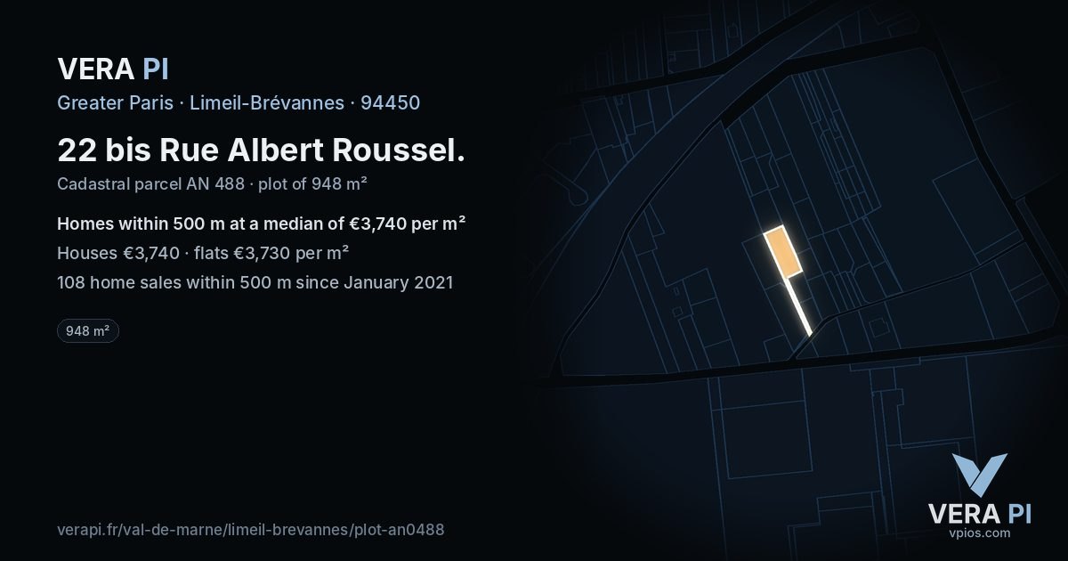 22 bis Rue Albert Roussel, Limeil-Brévannes at night – the plot lit, the parcels around coloured by the prices near them