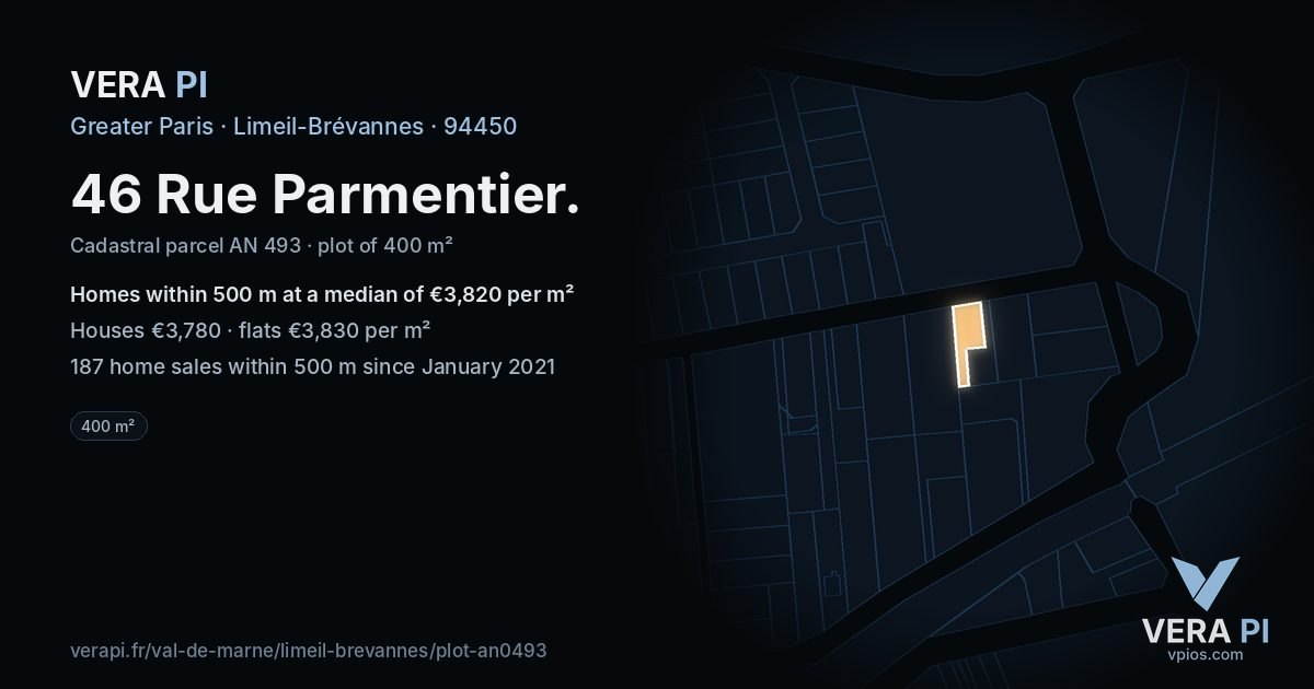 46 Rue Parmentier, Limeil-Brévannes at night – the plot lit, the parcels around coloured by the prices near them
