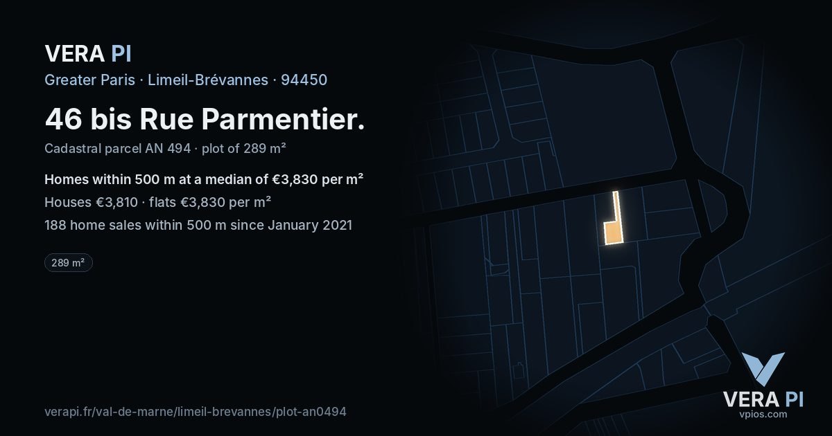 46 bis Rue Parmentier, Limeil-Brévannes at night – the plot lit, the parcels around coloured by the prices near them