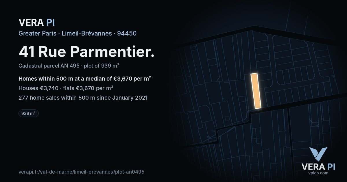 41 Rue Parmentier, Limeil-Brévannes at night – the plot lit, the parcels around coloured by the prices near them