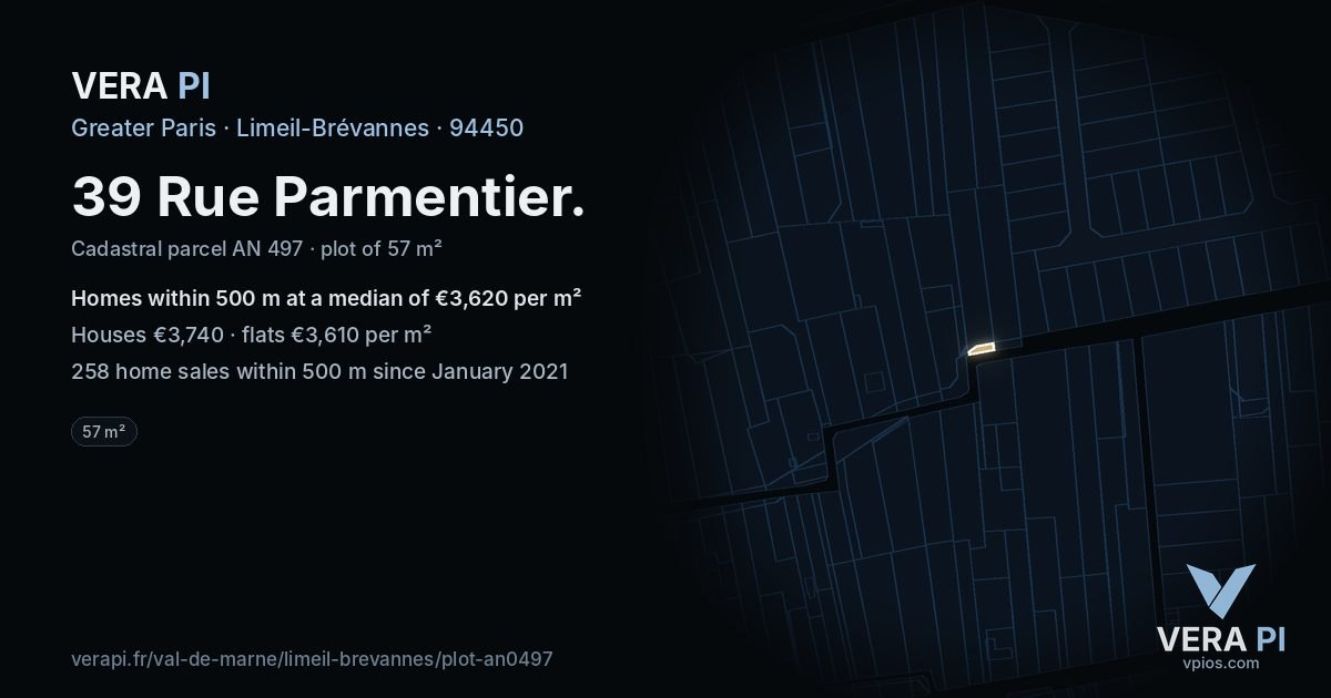 39 Rue Parmentier, Limeil-Brévannes at night – the plot lit, the parcels around coloured by the prices near them