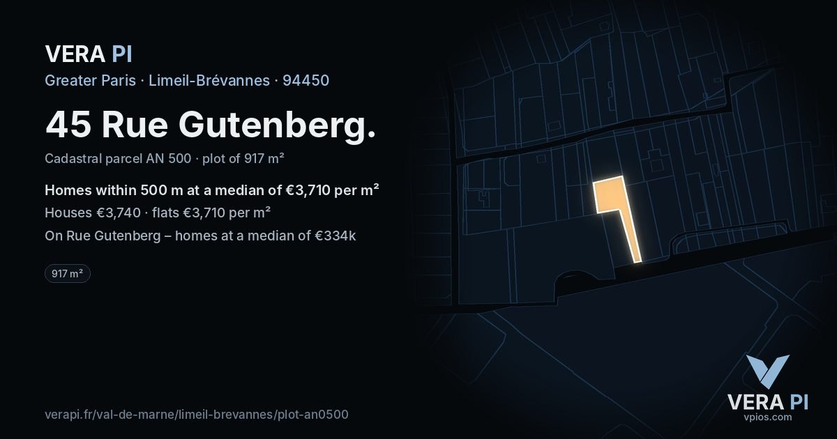 45 Rue Gutenberg, Limeil-Brévannes at night – the plot lit, the parcels around coloured by the prices near them