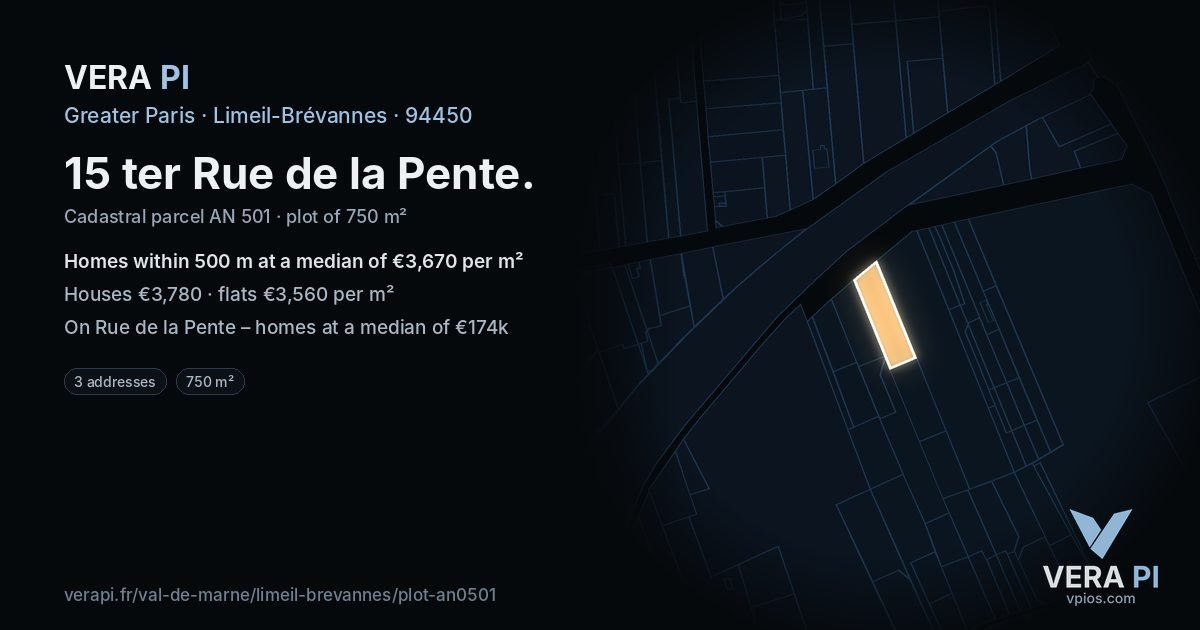 15 ter Rue de la Pente, Limeil-Brévannes at night – the plot lit, the parcels around coloured by the prices near them