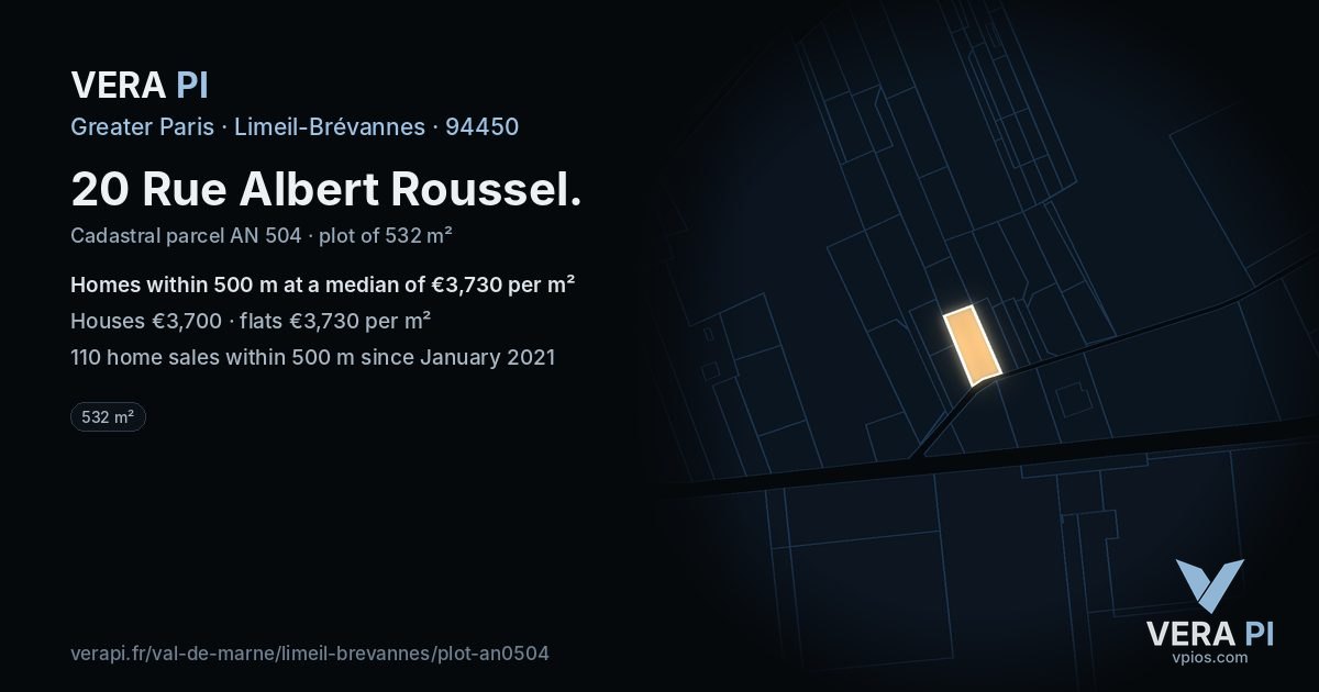 20 Rue Albert Roussel, Limeil-Brévannes at night – the plot lit, the parcels around coloured by the prices near them