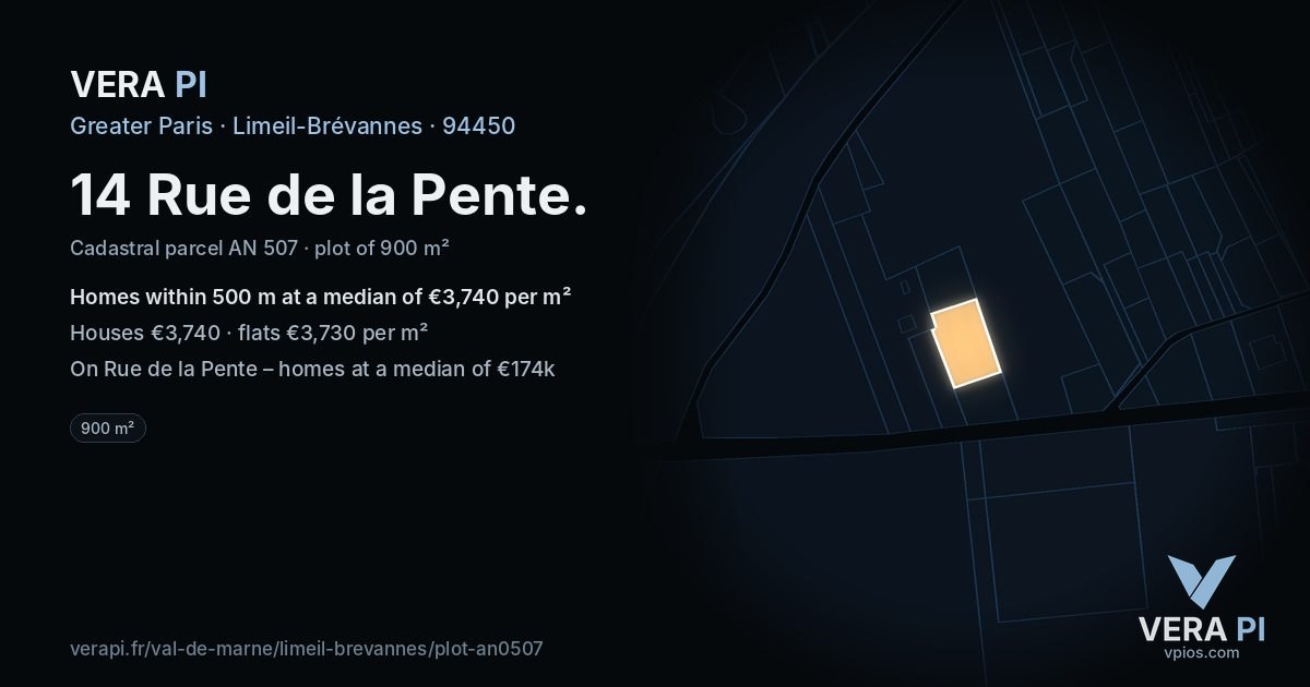 14 Rue de la Pente, Limeil-Brévannes at night – the plot lit, the parcels around coloured by the prices near them