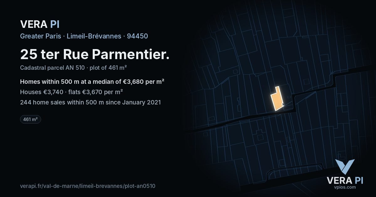 25 ter Rue Parmentier, Limeil-Brévannes at night – the plot lit, the parcels around coloured by the prices near them