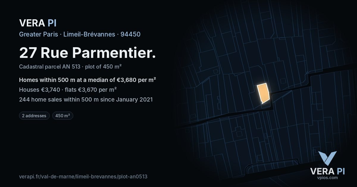 27 Rue Parmentier, Limeil-Brévannes at night – the plot lit, the parcels around coloured by the prices near them