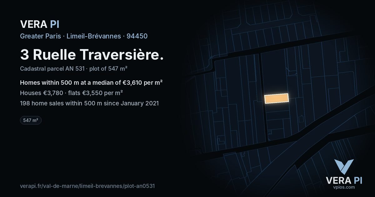 3 Ruelle Traversière, Limeil-Brévannes at night – the plot lit, the parcels around coloured by the prices near them