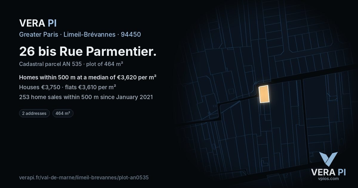 26 bis Rue Parmentier, Limeil-Brévannes at night – the plot lit, the parcels around coloured by the prices near them
