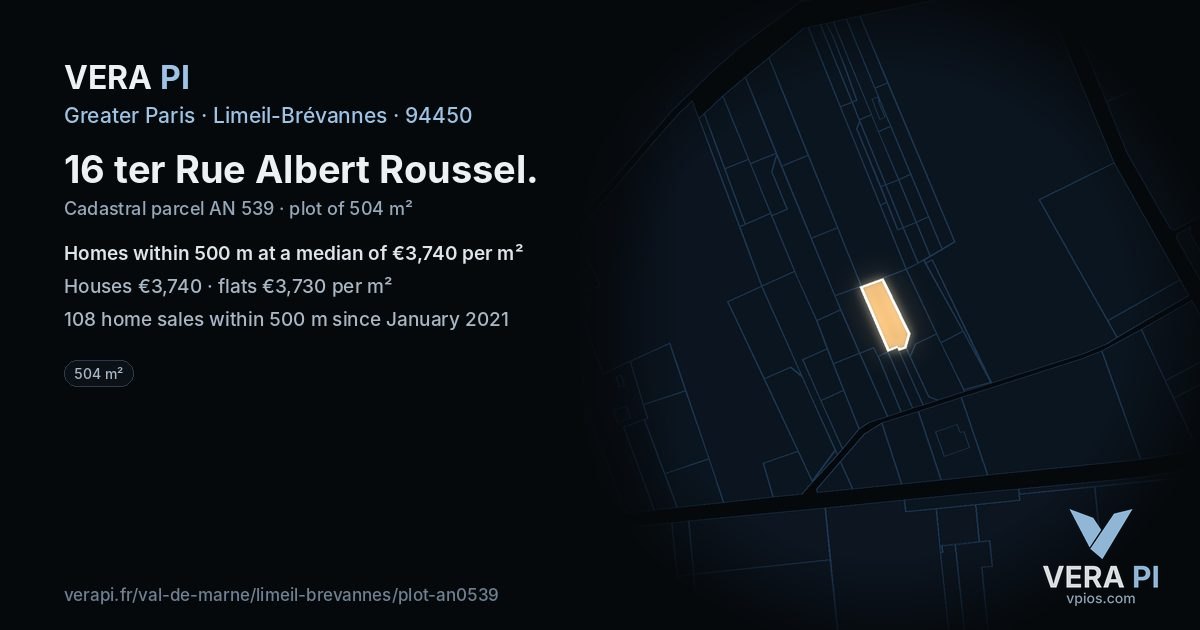 16 ter Rue Albert Roussel, Limeil-Brévannes at night – the plot lit, the parcels around coloured by the prices near them