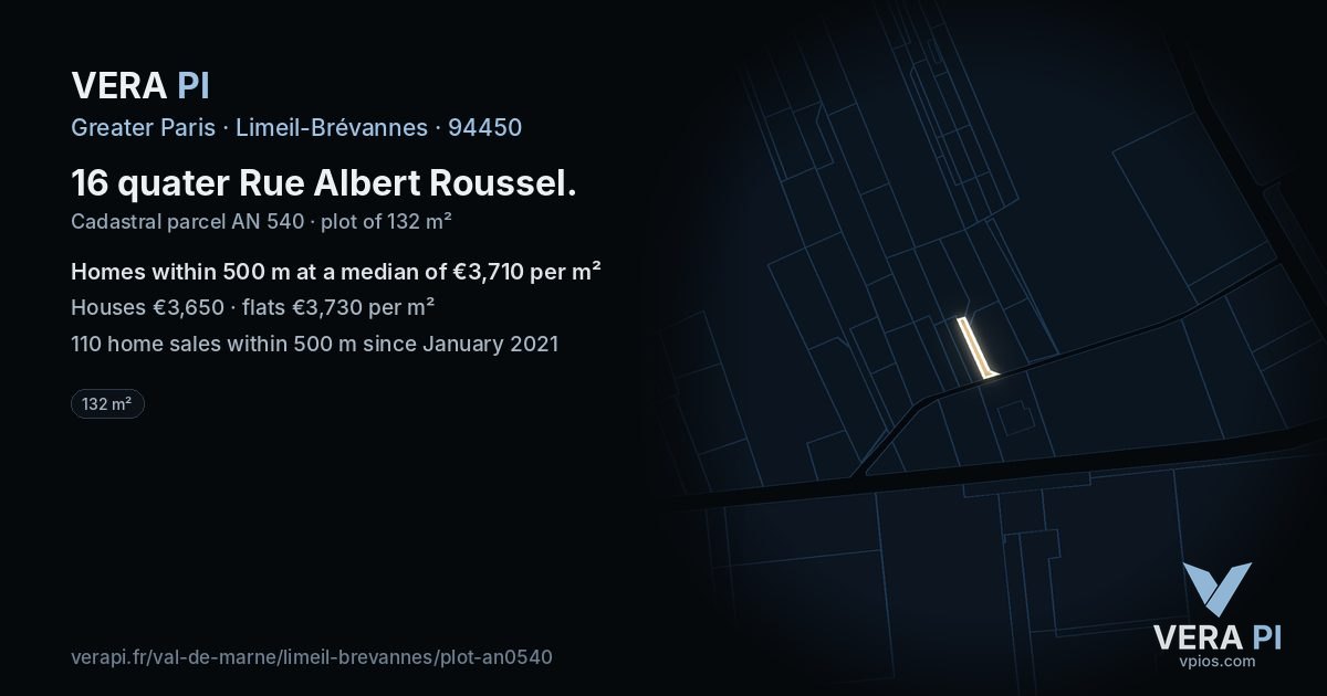 16 quater Rue Albert Roussel, Limeil-Brévannes at night – the plot lit, the parcels around coloured by the prices near them
