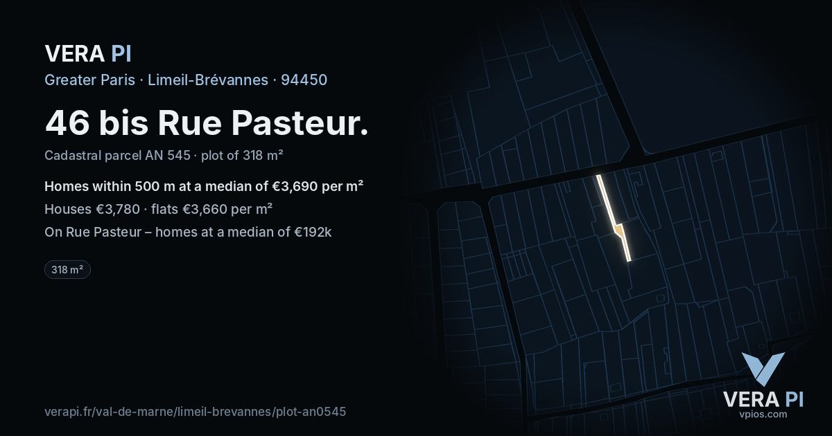 46 bis Rue Pasteur, Limeil-Brévannes at night – the plot lit, the parcels around coloured by the prices near them
