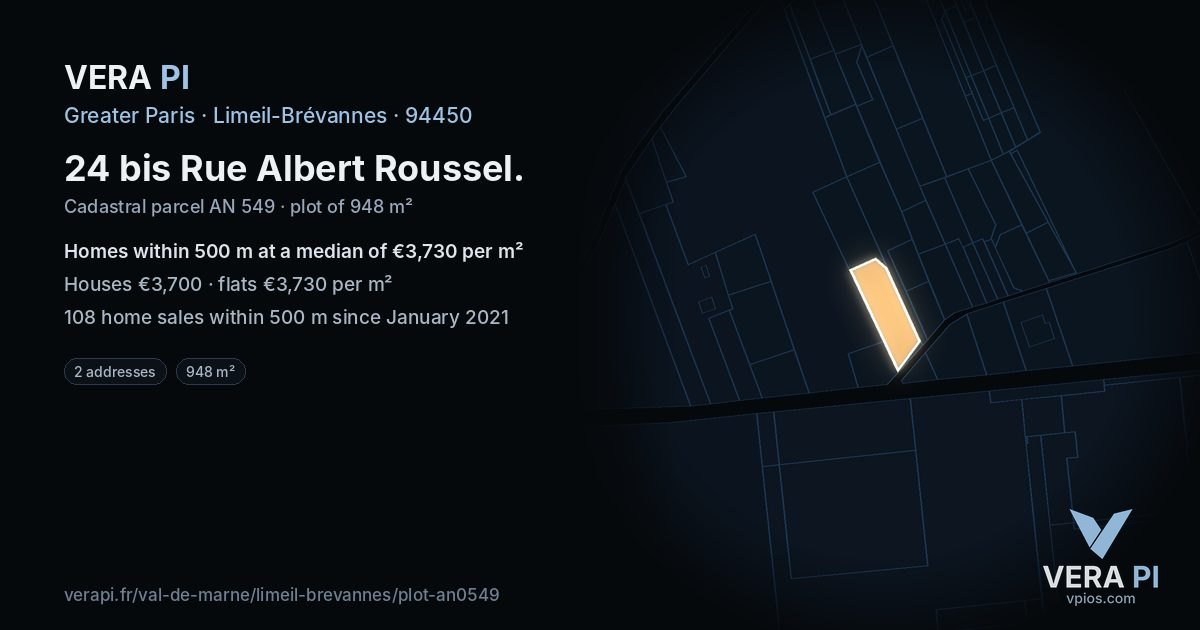 24 bis Rue Albert Roussel, Limeil-Brévannes at night – the plot lit, the parcels around coloured by the prices near them
