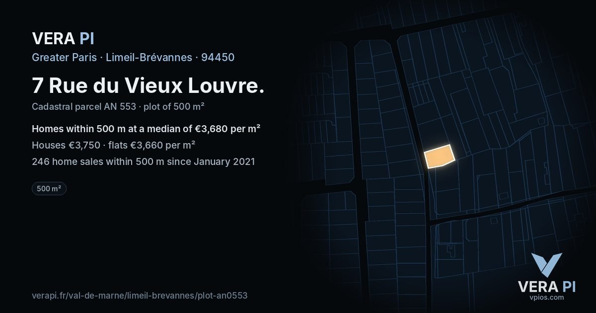 7 Rue du Vieux Louvre, Limeil-Brévannes at night – the plot lit, the parcels around coloured by the prices near them