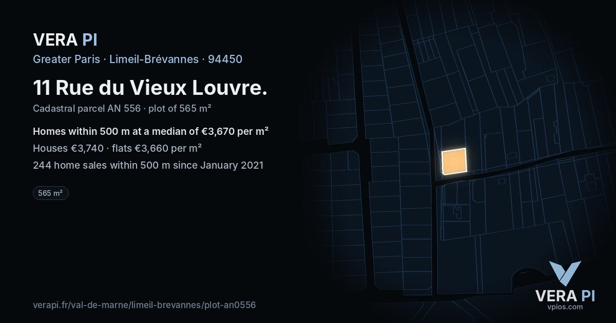 11 Rue du Vieux Louvre, Limeil-Brévannes at night – the plot lit, the parcels around coloured by the prices near them