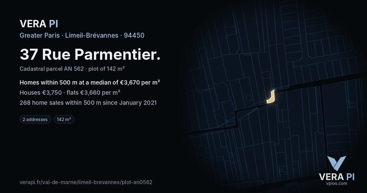 37 Rue Parmentier, Limeil-Brévannes at night – the plot lit, the parcels around coloured by the prices near them