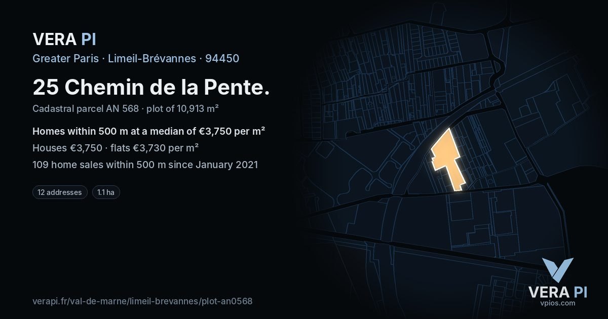 25 Chemin de la Pente, Limeil-Brévannes at night – the plot lit, the parcels around coloured by the prices near them