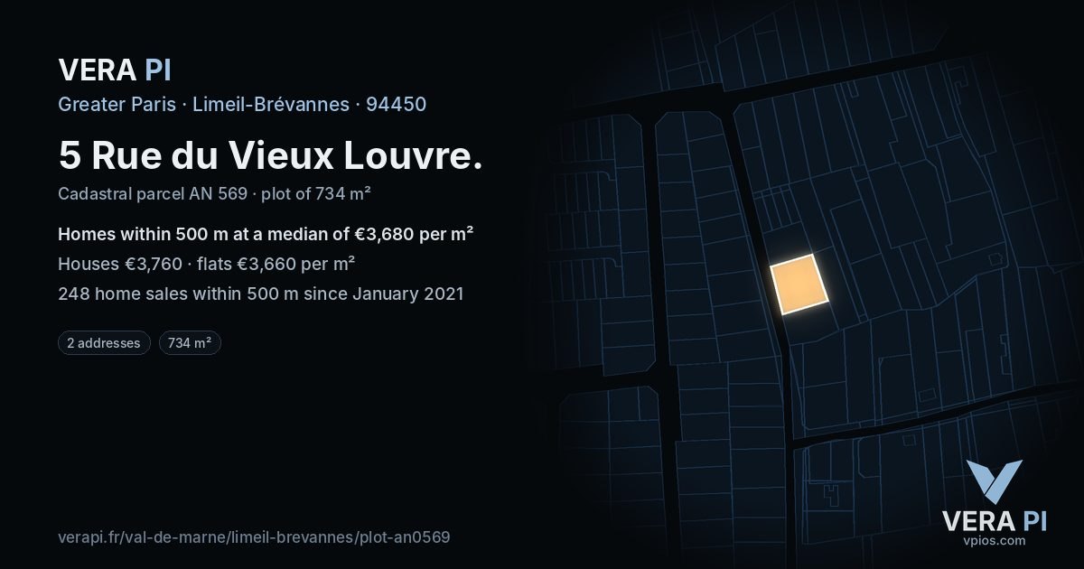 5 Rue du Vieux Louvre, Limeil-Brévannes at night – the plot lit, the parcels around coloured by the prices near them