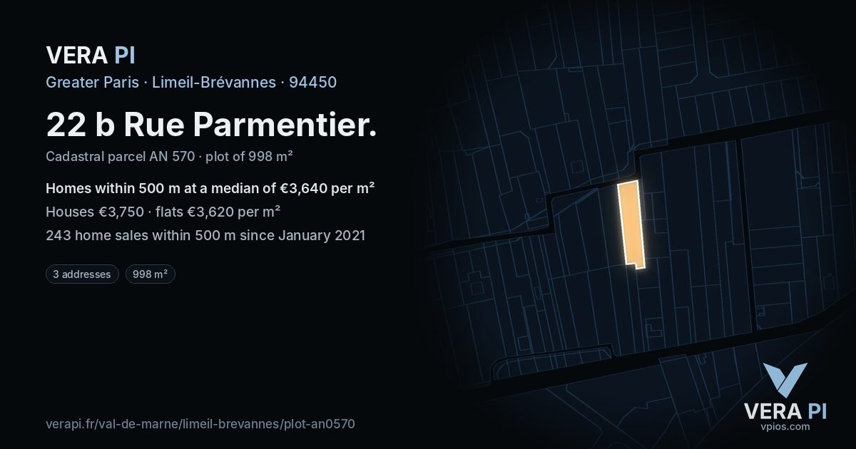 22 b Rue Parmentier, Limeil-Brévannes at night – the plot lit, the parcels around coloured by the prices near them