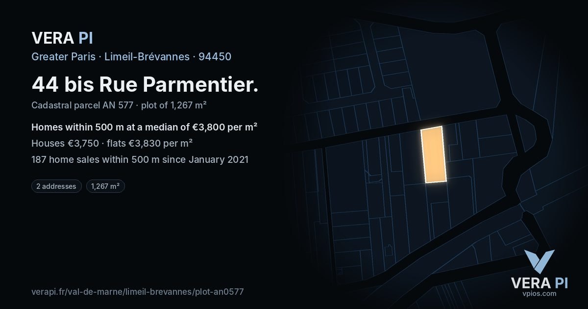 44 bis Rue Parmentier, Limeil-Brévannes at night – the plot lit, the parcels around coloured by the prices near them